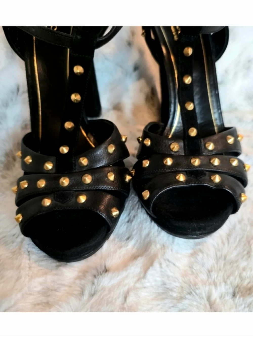 Elegant Gucci Black Leather and Gold Studded Women's Heels